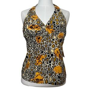 Y2K Deadstock Womens Halter Neck Swim Top Tankini Leopard Print Medium